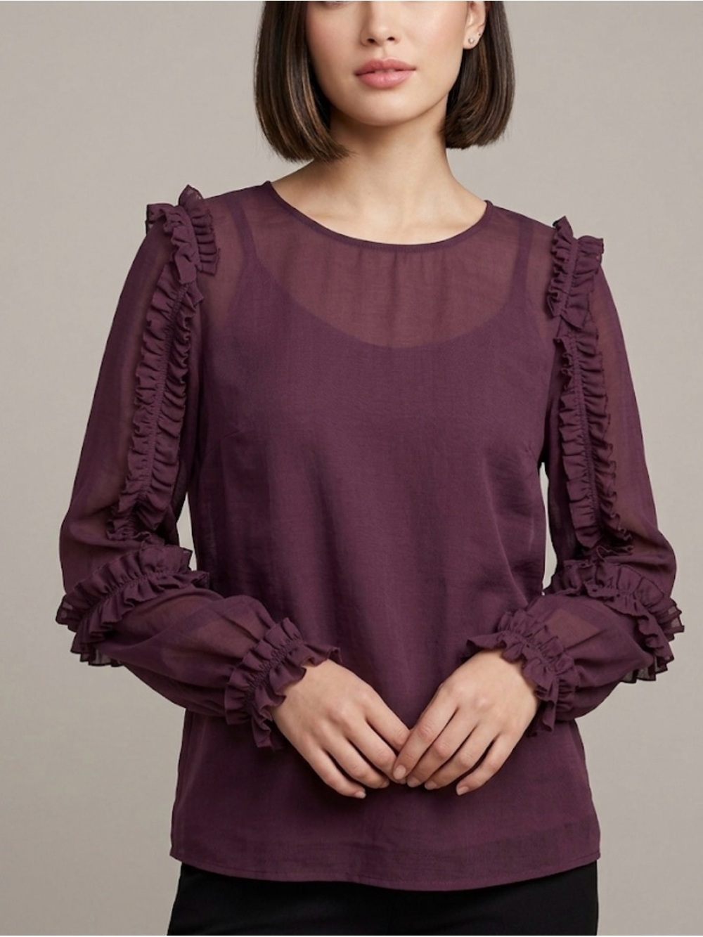 Halogen Women’s Ruffle Sleeve Blouse Size Large P Plum Purple Semi Sheer
